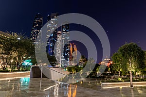 Night view of skyscrapers in Abu Dhabi, United Arab Emirate