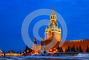 Night view of Spasskaya Tower of the Moscow Kremlin and wall of the Kremlin with illumination