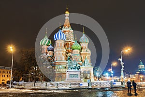 Night view of St. Basil`s Cathedral in Moscow winter