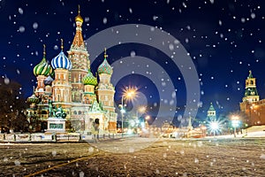 Night view of St. Basil`s Cathedral on Red Square in winter