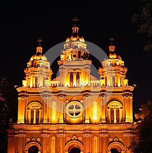 Night view of St. Joseph`s Church, Beijing, China