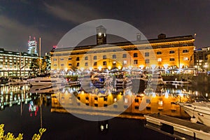 Night view of St Katharine Docks in London, United Kingd