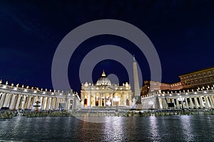 Night view of St. Peter`s Basilica in Vatican City