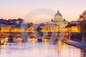 Night view at St. Peter's cathedral in Rome, Italy