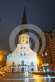 Night View Of St. Peter`s Church In Old Town Riga Latvia