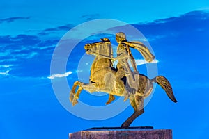 Night view of the Statue of Alexander the Great in Thessaloniki, Greece