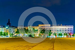 Night view of statue of Louis XIV on Place Bellecour in Lyon, France