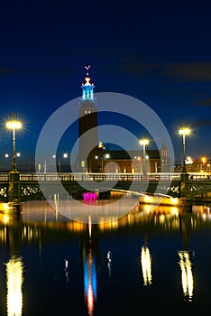 Night view of the Stockholm City Hall , Sweden