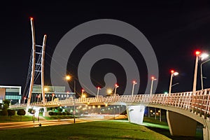 Night view of the street and the cable-stayed bridge