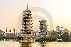 Night view of sun and Moon Twin Towers in Guilin, Guangxi Province, China