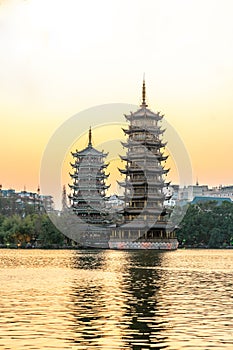 Night view of sun and Moon Twin Towers in Guilin, Guangxi Province, China