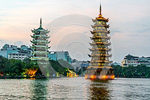 Night view of sun and Moon Twin Towers in Guilin, Guangxi Province, China