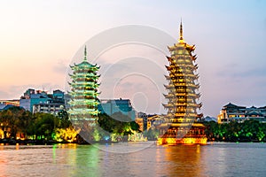 Night view of sun and Moon Twin Towers in Guilin, Guangxi Province, China