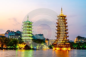 Night view of sun and Moon Twin Towers in Guilin, Guangxi Province, China