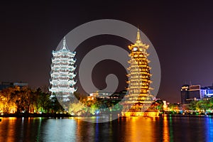 Night view of sun and Moon Twin Towers in Guilin, Guangxi Province, China