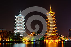 Night view of sun and Moon Twin Towers in Guilin, Guangxi Province, China