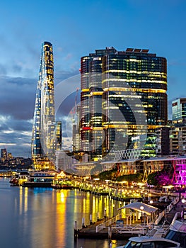 night view of Sydney City Skyline of Darling Harbour Australia bright neon lights