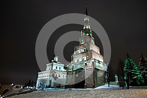 Night view Syuyumbike Tower main historical landmark of Kazan, Tatarstan Republic.