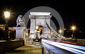 Night view of the Szechenyi Chain Bridge in Budapest, Hungary