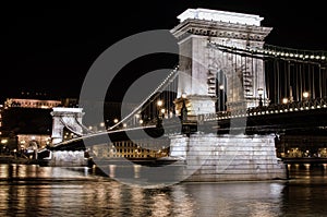 Night view of the Szechenyi Chain Bridge in Budapest, Hungary
