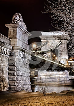 Night view of the Szechenyi Chain Bridge in Budapest, Hungary