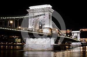 Night view of the Szechenyi Chain Bridge in Budapest, Hungary