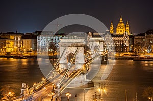 Night View of the Szechenyi Chain Bridge and church St. Stephen's in Budapest