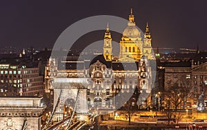 Night View of the Szechenyi Chain Bridge and church St. Stephen's in Budapest