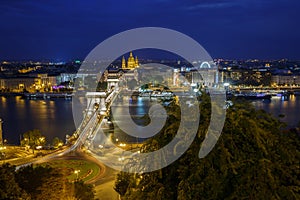 Night View of the Szechenyi Chain Bridge over Danube River and c