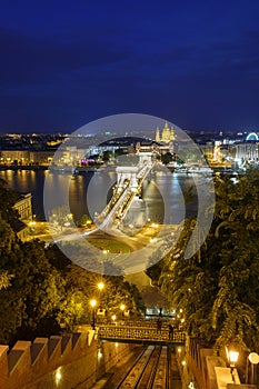 Night view of the Szechenyi Chain Bridge over Danube River and c