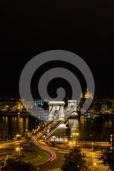 Night view of the Szechenyi Chain Bridge over the River Danube in Budapest, Hungary