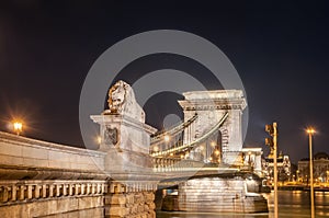 Night view of the Szechenyi Chain Bridge on the River Danube in Budapest