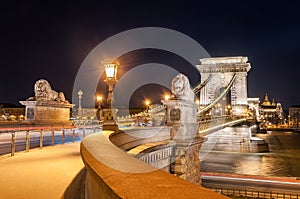 Night view of the Szechenyi Chain Bridge on the River Danube in Budapest