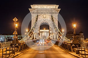 Night view of the Szechenyi Chain Bridge on the River Danube in Budapest