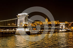 Night view of the Szechenyi Chain Bridge is a suspension bridge that spans the River Danube between Buda and Pest, the