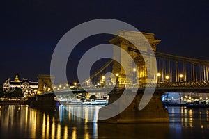 Night view of the Szechenyi Chain Bridge is a suspension bridge.