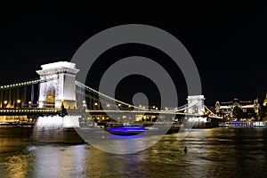 Night view of SzÃÂ©chenyi Chain Bridge across the River Danube connecting Buda and Pest, Budapest, Hungary