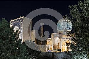 Night view of the Timurid Tomb Mausoleum of Amir Temur Gur-Emir in Samarkand,