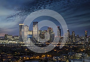 Night view to the financial district Canary Wharf, London