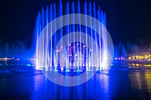Night view to the Palm Fountain Show, located at the The Pointe Palm Jumeirah in front of Luxurious Atlantis. H
