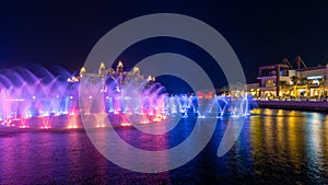 Night view to the Palm Fountain Show, located at the The Pointe Palm Jumeirah in front of Luxurious Atlantis. H