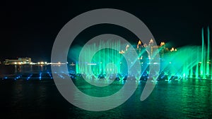 Night view to the Palm Fountain Show, located at the The Pointe Palm Jumeirah in front of Luxurious Atlantis. H