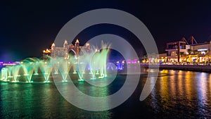 Night view to the Palm Fountain Show, located at the The Pointe Palm Jumeirah in front of Luxurious Atlantis. H