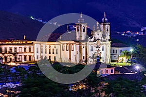 Night view from the top of the historic 18th century church and downtown Ouro Preto