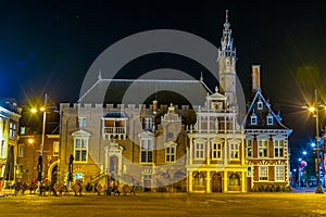 Night view of the town hall in the center of Haarlem, Netherlands