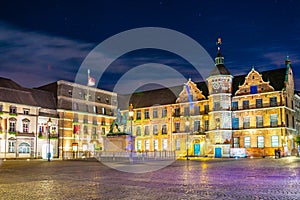 Night view of town hall in Dusseldorf and statue of an Wellem, Germany