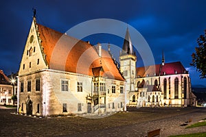 Night view at the Town hall place with Basilica of St.Aegidius and Town hall in Bardejov, Slovakia