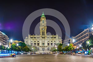 Night view of the Town hall in Porto, Portugal