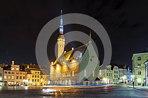 Night view of Town Hall Square in Tallinn, Estonia