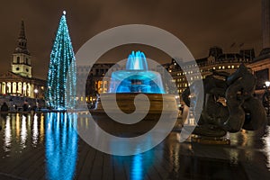 Night view of Trafalgar Square with christmas tree